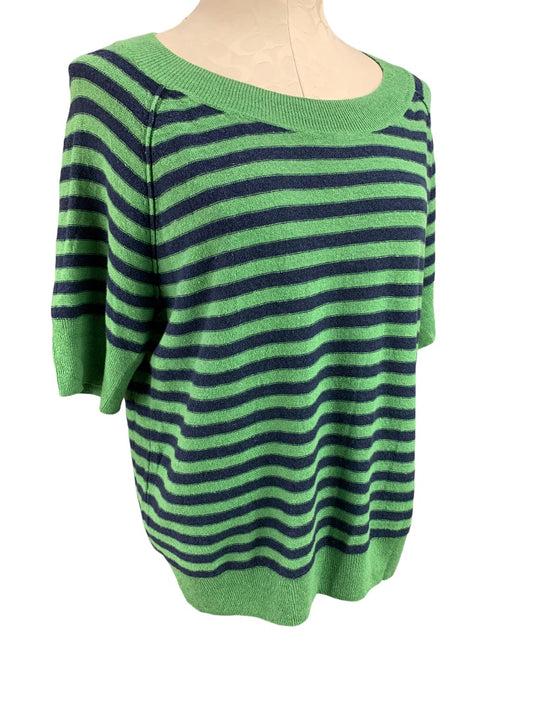 Medium Talbots Women's Green Blue Striped Short Sleeve Pullover Sweater Oversize Linen Blend