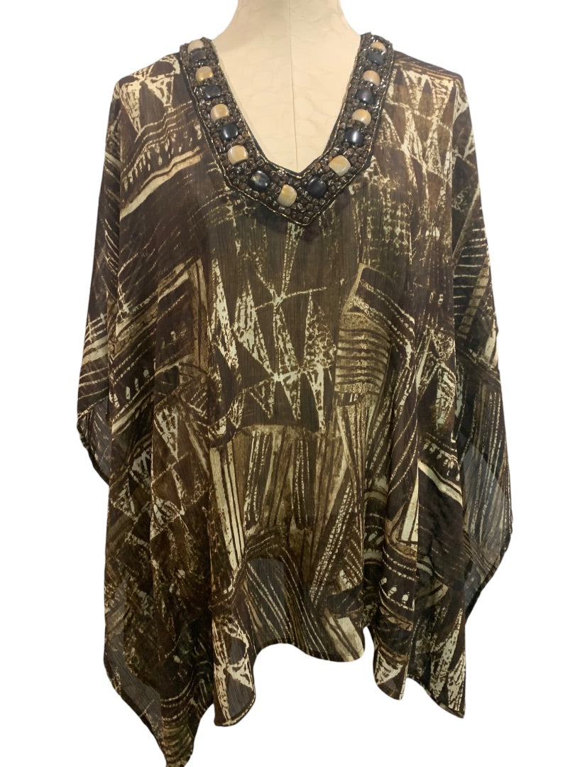 Small Medium (S/M) Chico's New Sheer Embellished Tribal Border Women's Poncho