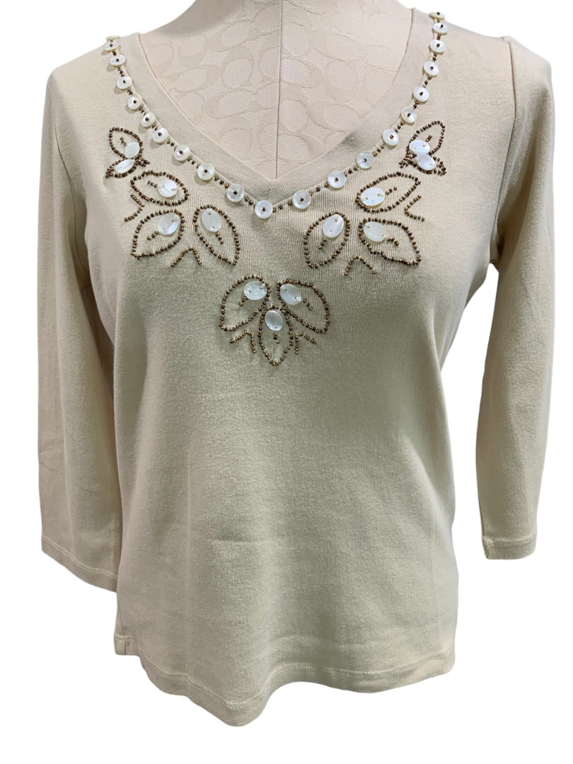 Small First Issue Liz Claiborne New Women's Tan Embellished V-Neck Top 3/4 Sleeve Pullover