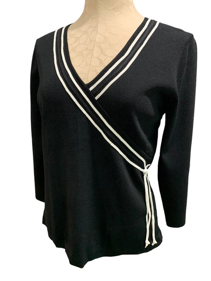 Large Cable & Gauge Women's New Black Faux Wrap Sweater White Piping