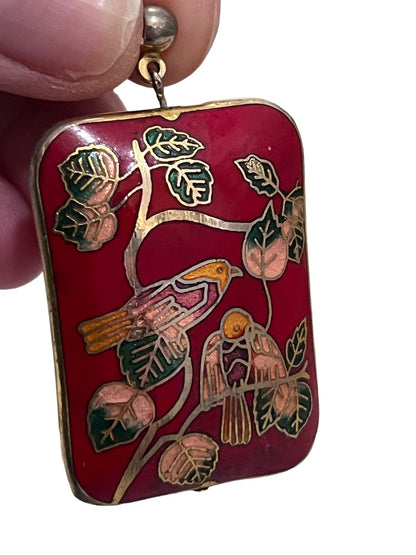 Cloisonné Rectangle Pendant Charm Red Birds Floral 3D
