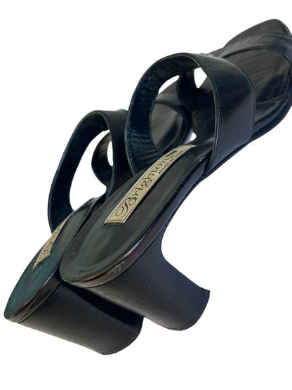 7 M Brighton Trista Shoes Slip-on Block Heels Sandals Black Leather Open Toe