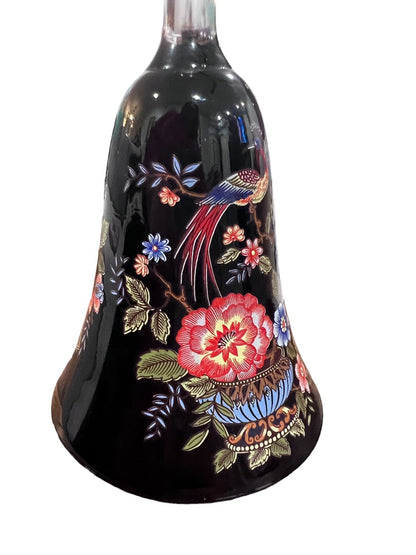 Black Glass Bell Italy Italian Peacock Flower Printed