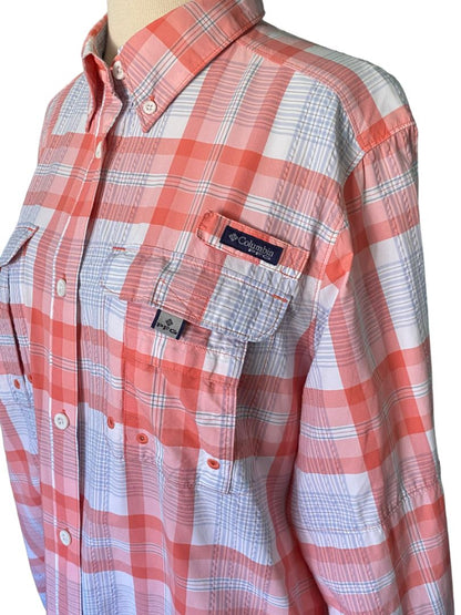 Large Columbia PFG "Super Bahama" Roll Tab Shirt Women's Coral Gray Fishing Beach Outdoors