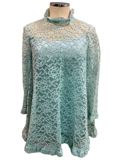 Vintage Aqua Swing Shift Mini Dress Vintage 1960s Lace Overlay Satin