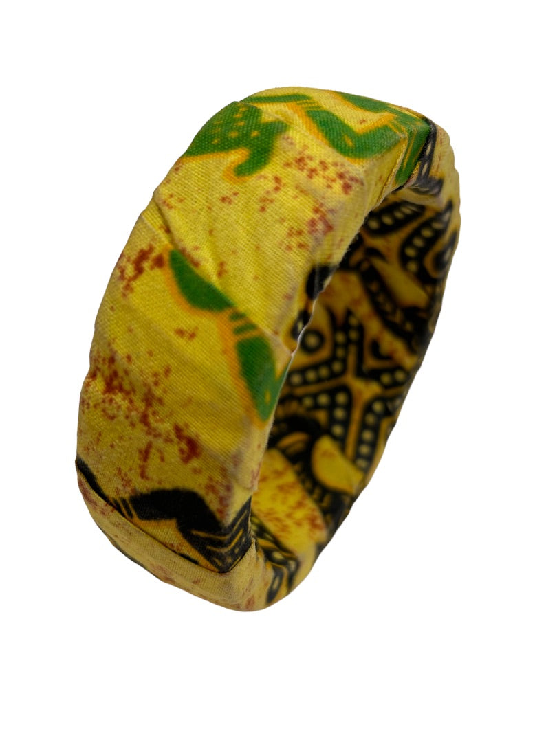 Fabric Wrapped African Print Bangle Bracelet Yellow Black Green 2.5" Diameter