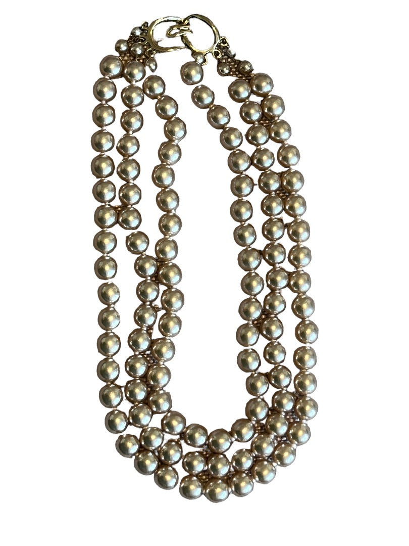 Vintage 3 Strand Faux Pearl Gold Tone Necklace Knotted 16"