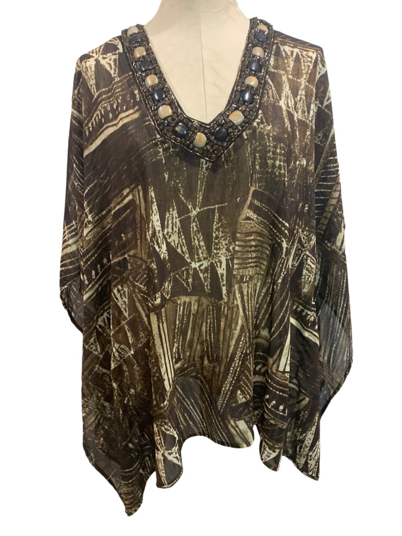 Small Medium (S/M) Chico's New Sheer Embellished Tribal Border Women's Poncho