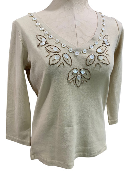 Small First Issue Liz Claiborne New Women's Tan Embellished V-Neck Top 3/4 Sleeve Pullover