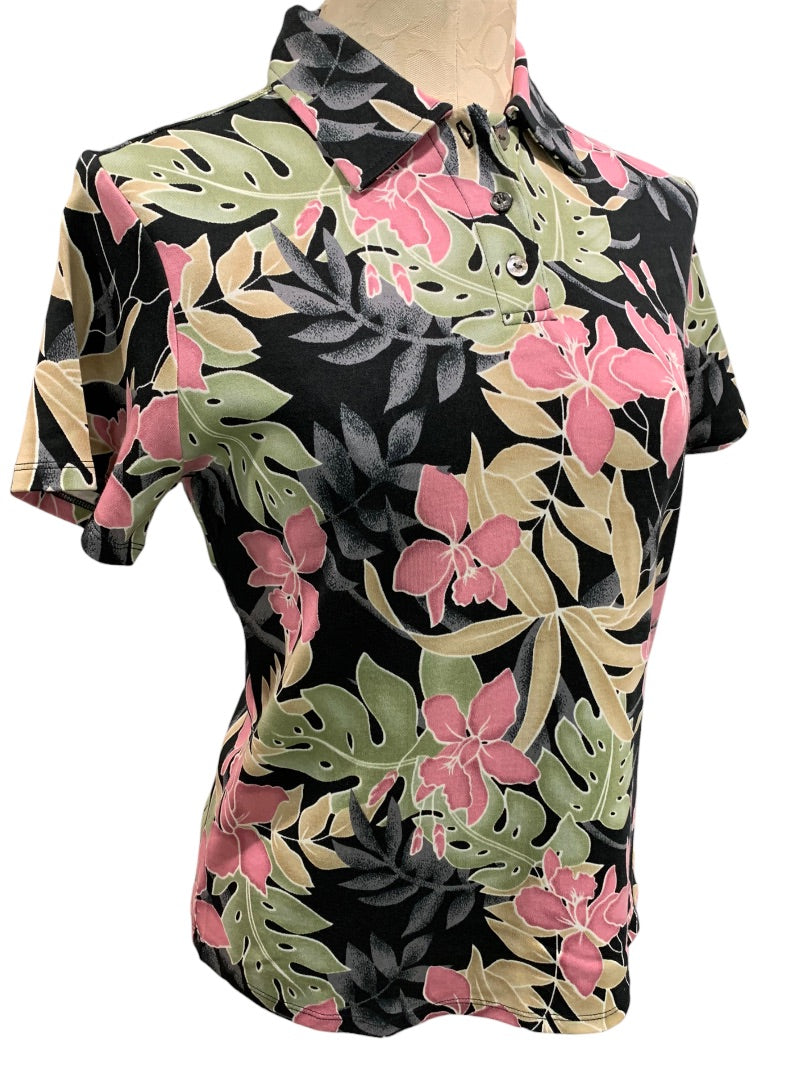 Small Izod Washable Silk Women's New Polo Shirt Short Sleeve Tropical Print