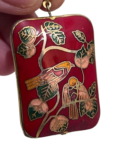 Cloisonné Rectangle Pendant Charm Red Birds Floral 3D