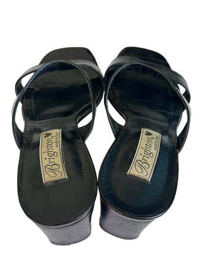 7 M Brighton Trista Shoes Slip-on Block Heels Sandals Black Leather Open Toe