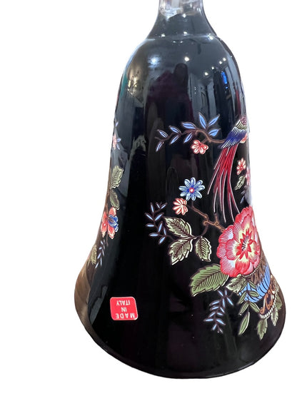 Black Glass Bell Italy Italian Peacock Flower Printed