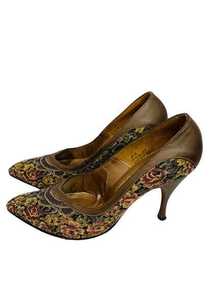 Size 5 Mademoiselle Women's Tapestry and Leather Heels 1960s Vintage