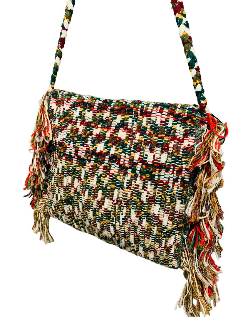 Vintage 1970s Rag Rug Handbag Fringed Rope Braided Fringed Upcycled