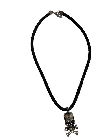 Black Braided Rope Style Necklace Skull and Crossbones Pendant Pirate Biker Style