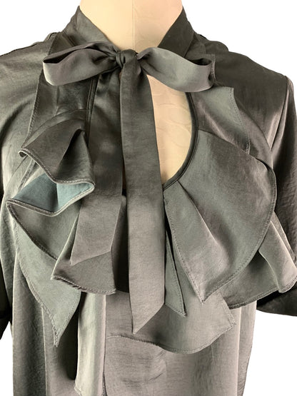 Large Gap New Charcoal Gray Satin Shift Dress Ruffle Front Short Sleeve