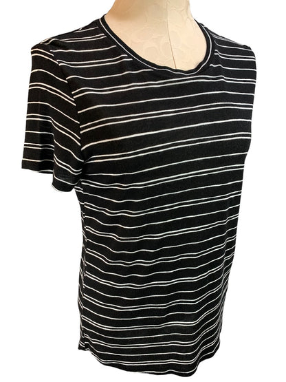 Small WhoWhatWear Black White Stripe Women's Tshirt Short Sleeve Linen Blend