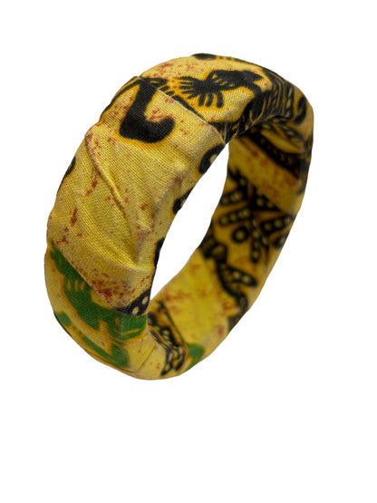 Fabric Wrapped African Print Bangle Bracelet Yellow Black Green 2.5" Diameter