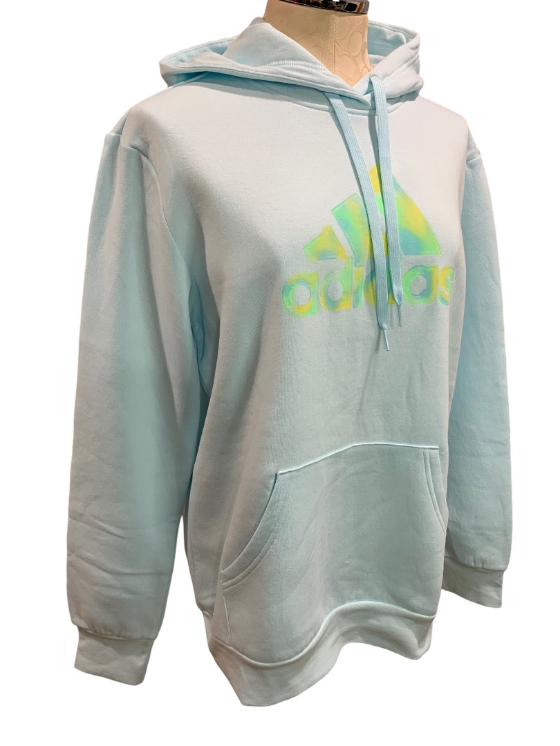 Large Adidas Women's New Pullover Hoodie Sweatshirt Light Blue Logo HJ9510