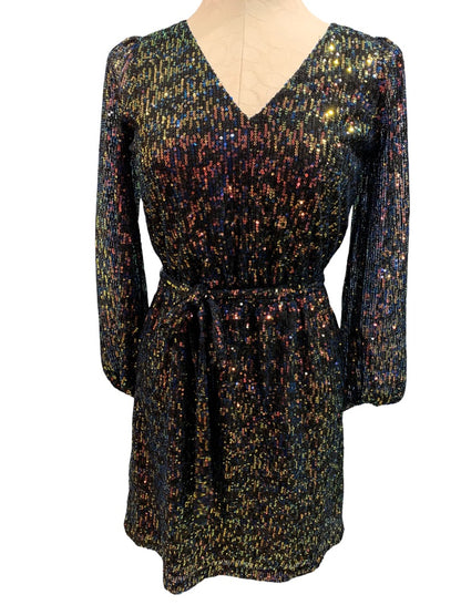 XXS LOFT Women's Sequin Mini Dress Belted V-Neck Banded Sheer Sleeve