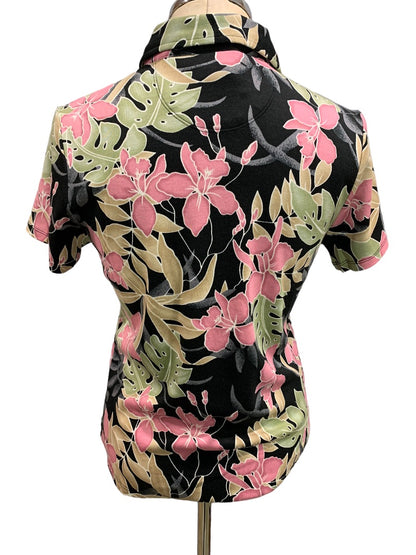 Small Izod Washable Silk Women's New Polo Shirt Short Sleeve Tropical Print