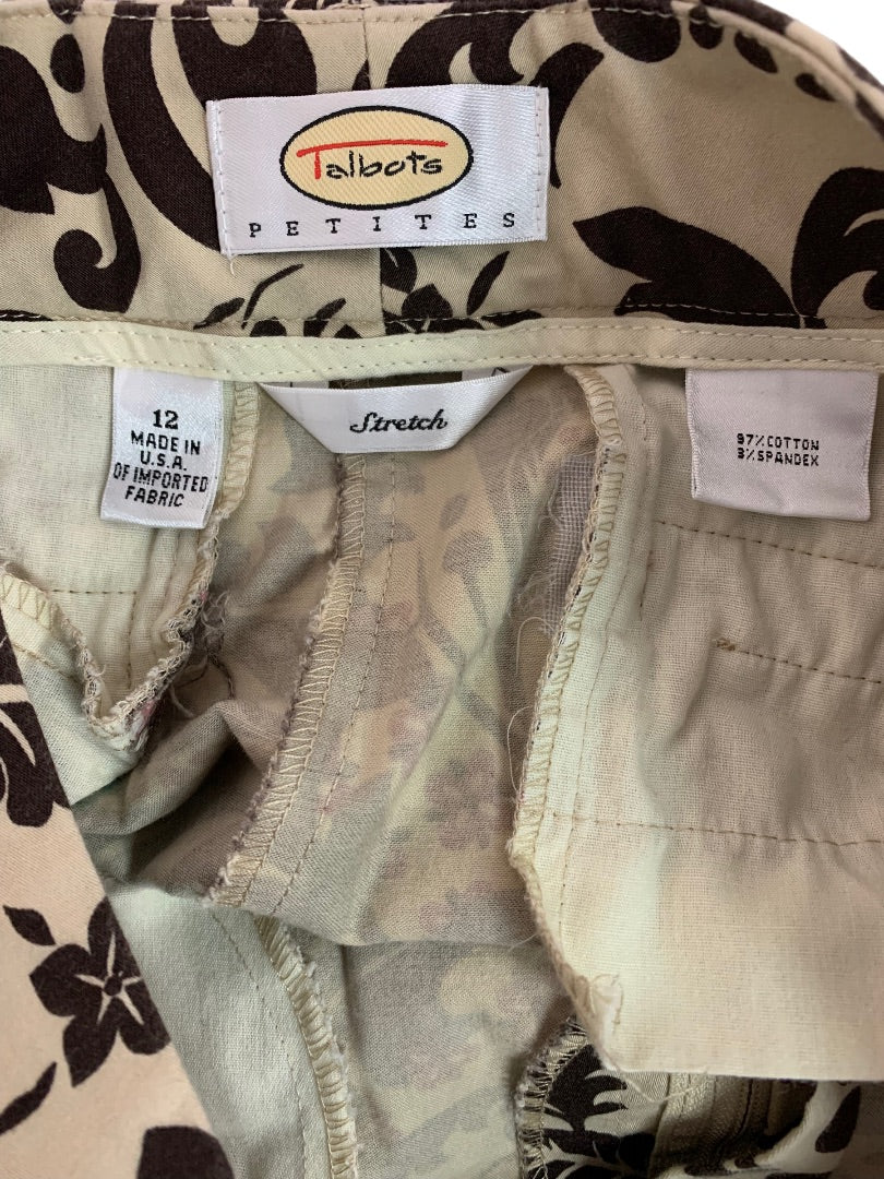 Size 12P Talbots Petites Women's Brown Print Capri Pants Stretch