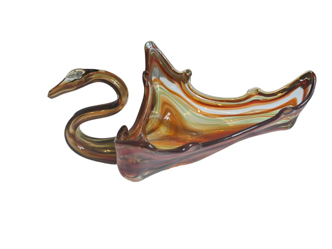 Vintage Hand Blown Glass Swan Planter Bowl Orange Brown Clear Swirl