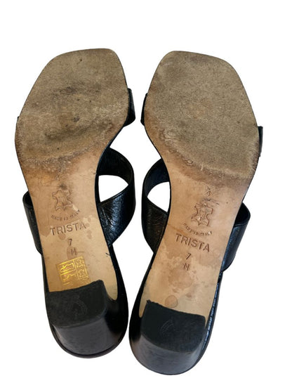 7 M Brighton Trista Shoes Slip-on Block Heels Sandals Black Leather Open Toe