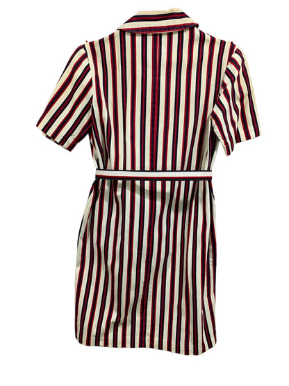 Vintage 1960s Women's Striped Shirt Dress Pockets Belt Red Blue Cream Stains