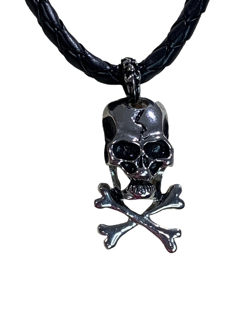 Black Braided Rope Style Necklace Skull and Crossbones Pendant Pirate Biker Style