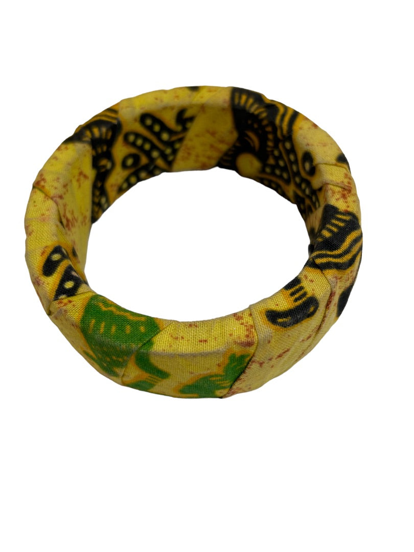 Fabric Wrapped African Print Bangle Bracelet Yellow Black Green 2.5" Diameter