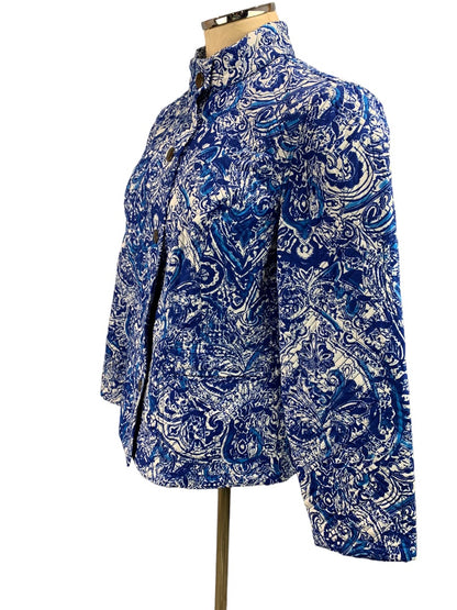 Small (Size 8) Chico's Women's Blue Patterned Snap Up Jacket Quilted