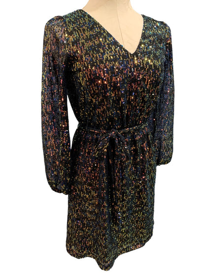 XXS LOFT Women's Sequin Mini Dress Belted V-Neck Banded Sheer Sleeve