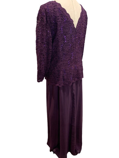 Size 20W Alex Evenings Women's New Long Gown with Sequin Lace Bodice  Chiffon Skirt Plum