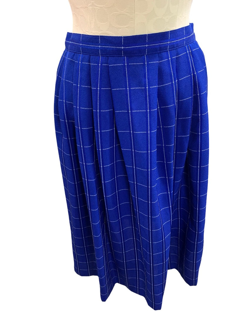 Size 10P Surburban Petites Women's Royal Blue Windowpane Check A-Line Skirt 1980s Vintage