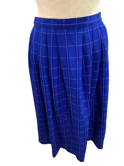 Size 10P Surburban Petites Women's Royal Blue Windowpane Check A-Line Skirt 1980s Vintage