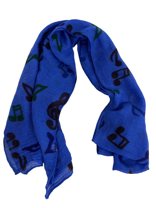 Lightweight Gauzy Scarf Blue Music Notes Print 14" x 68"