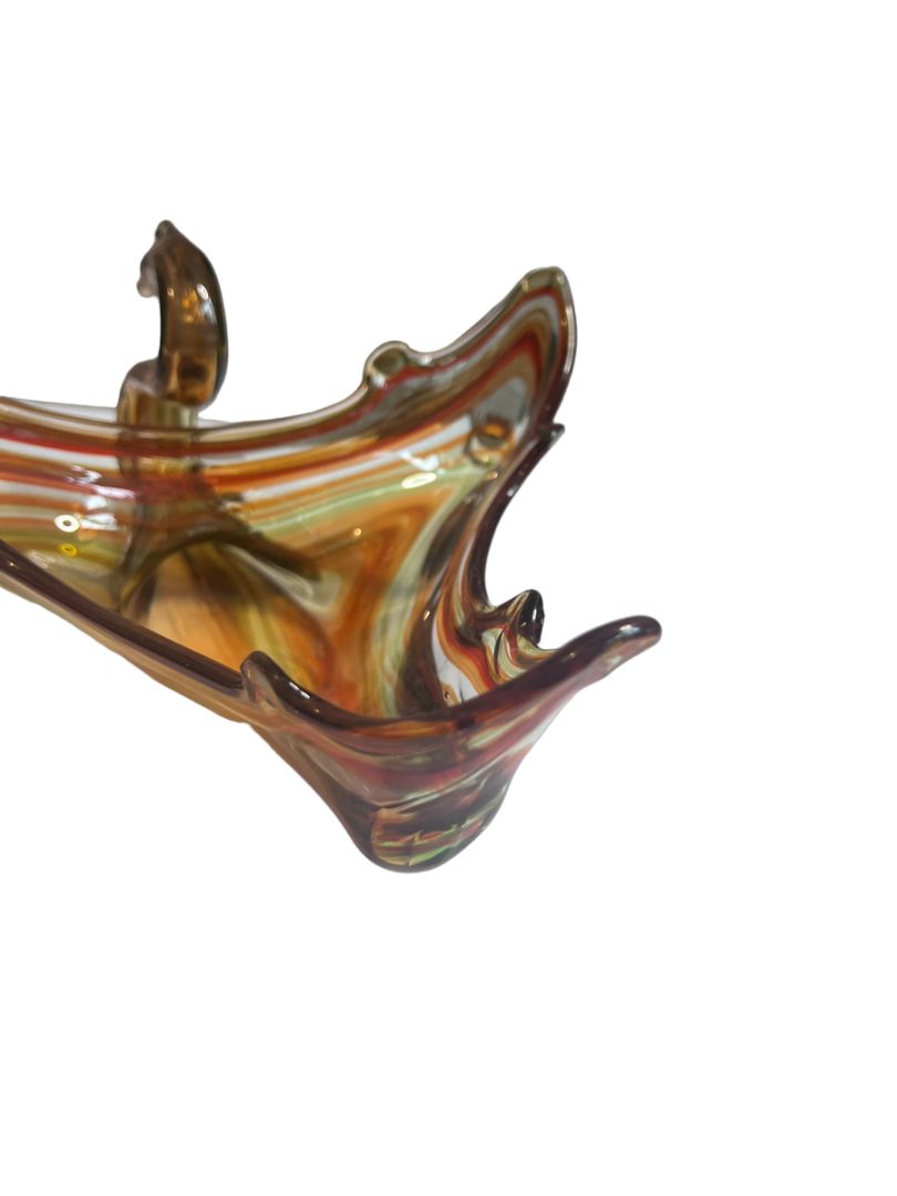 Vintage Hand Blown Glass Swan Planter Bowl Orange Brown Clear Swirl