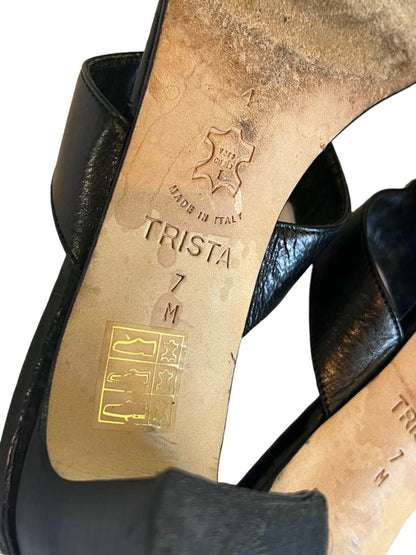 7 M Brighton Trista Shoes Slip-on Block Heels Sandals Black Leather Open Toe