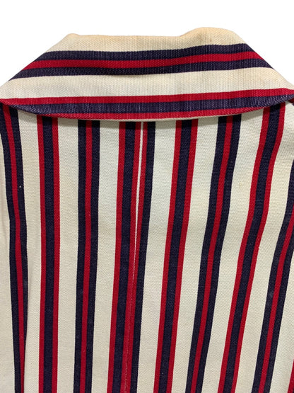 Vintage 1960s Women's Striped Shirt Dress Pockets Belt Red Blue Cream Stains