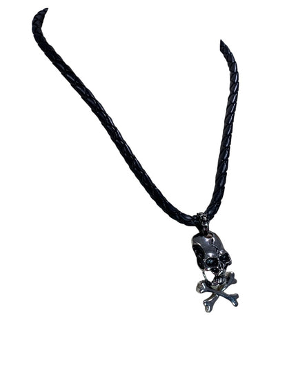 Black Braided Rope Style Necklace Skull and Crossbones Pendant Pirate Biker Style