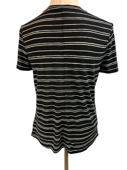 Small WhoWhatWear Black White Stripe Women's Tshirt Short Sleeve Linen Blend