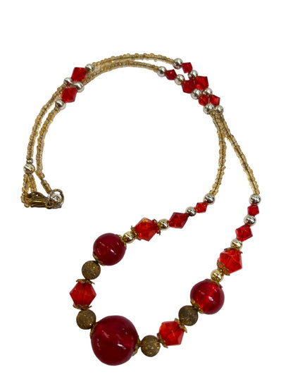 Beaded 17" Necklace Red Silvertone Goldtone Assorted Size Beads