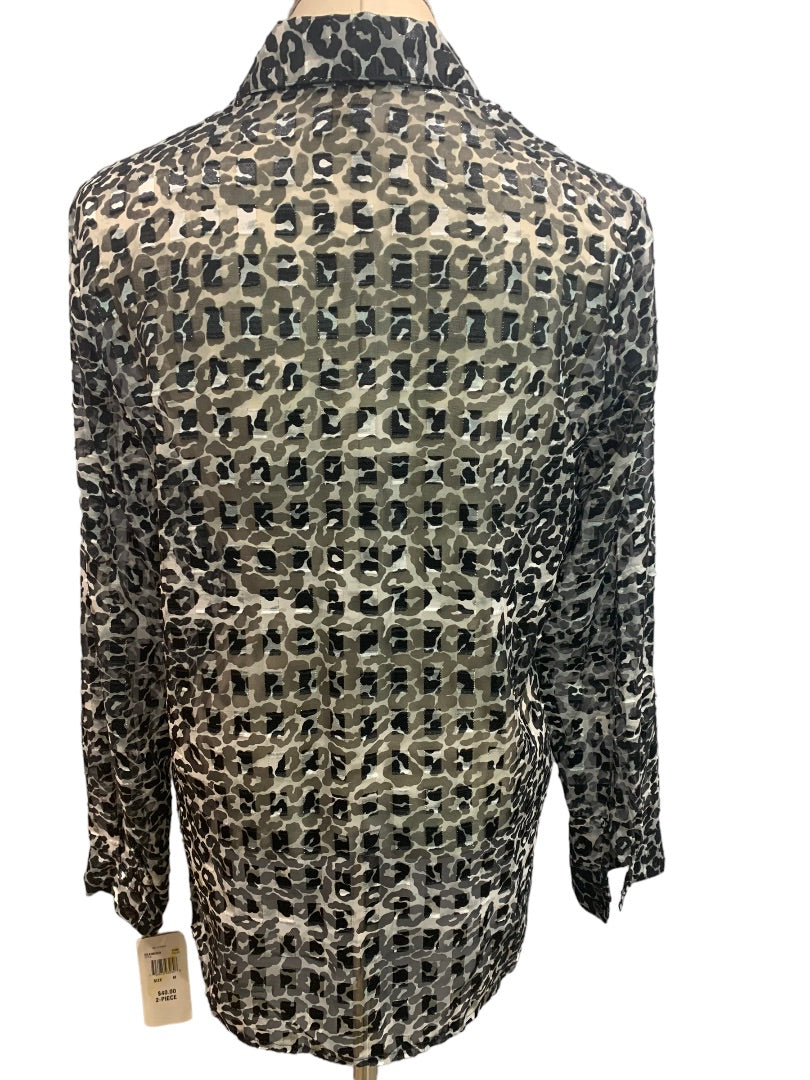 Medium Notations Women's New Sheer Animal Print Metallic Button Up Blouse