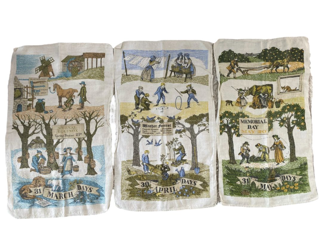 Lois Lang Signed Spring Month Tea Towels Signed Vintage March April May Folk Art Set of 3 28" x 17"