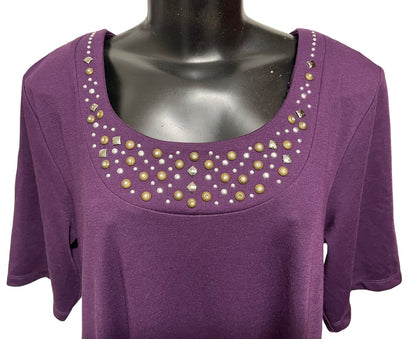 Large Susan Graver Embellished Short Sleeve Sheath Shoulder Pads Dress Purple