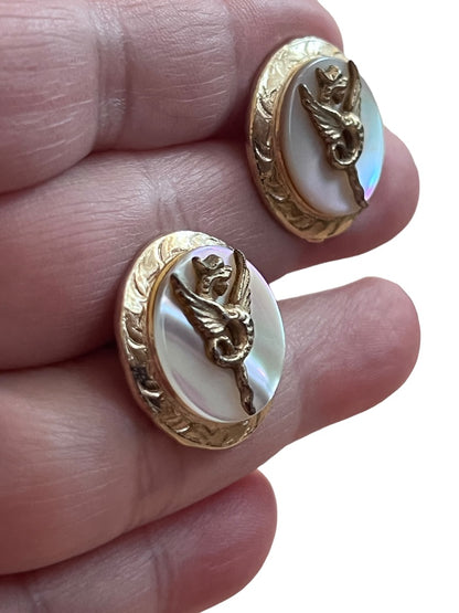 Vintage Mother of Pearl Dragon Gold Tone Round Cufflinks