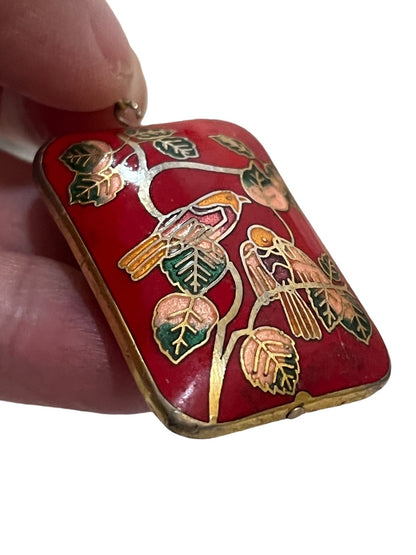 Cloisonné Rectangle Pendant Charm Red Birds Floral 3D