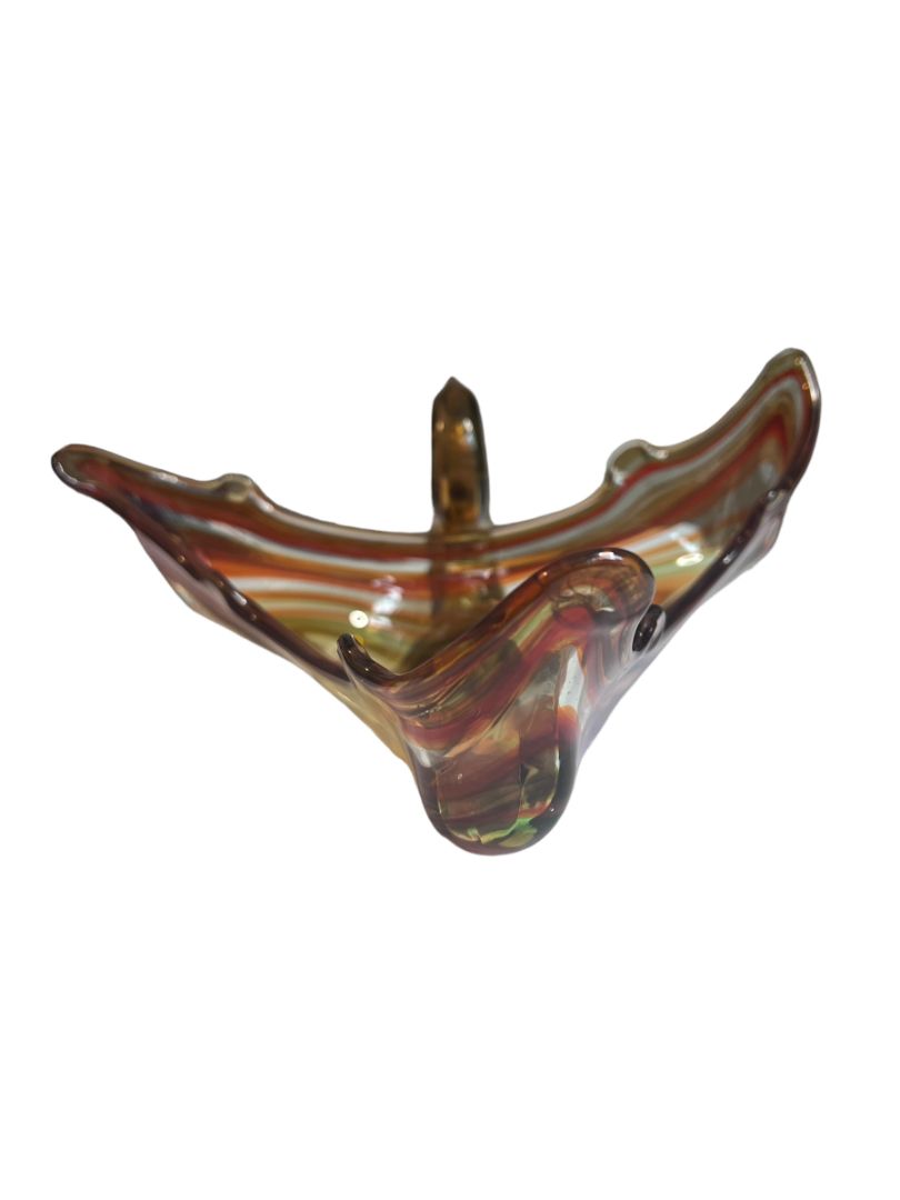 Vintage Hand Blown Glass Swan Planter Bowl Orange Brown Clear Swirl